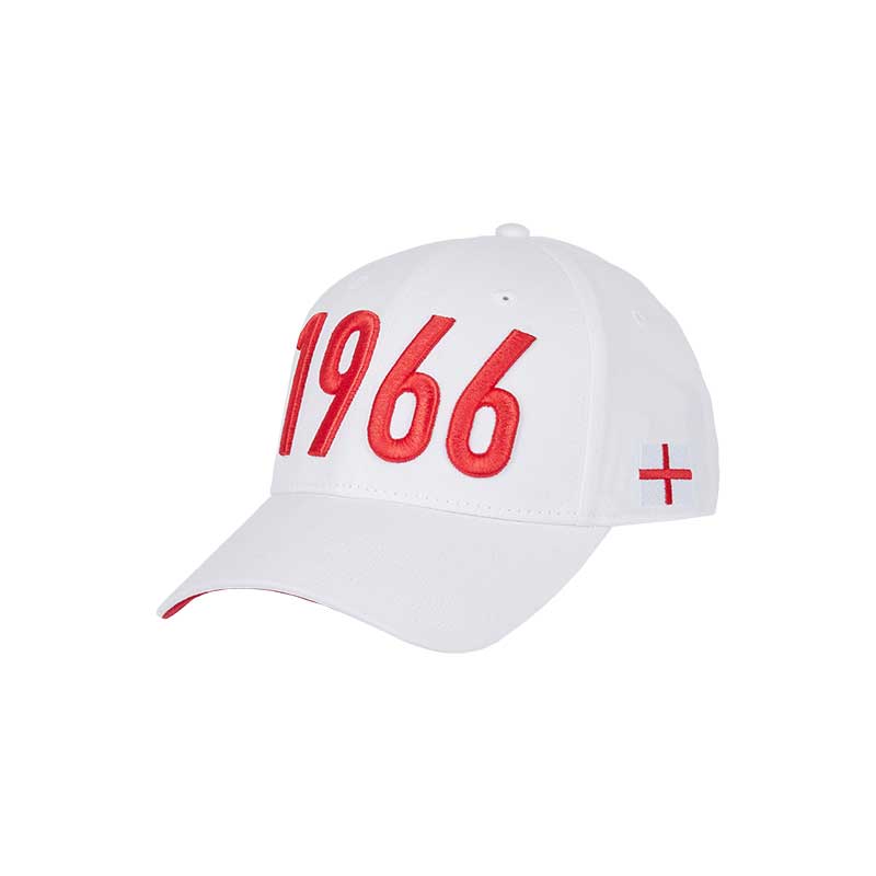 White hat with a curved brim, the 1966 year in red in the front & the English flag on the left side, honoring England's victory in the FWC.