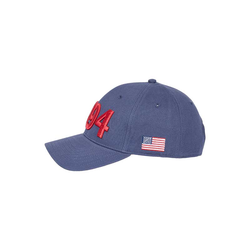 Denim hat with a curved brim and the American flag on the left side, representing the celebration of the FIFA World Cup in the USA in 1994.