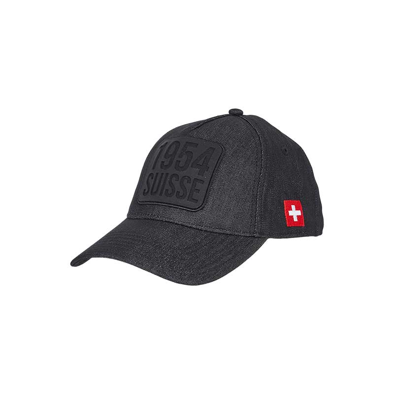 Black cap with a curved brim, the 1954 Suisse embroidery in black in the front, and the Switzerland flag on the left side.
