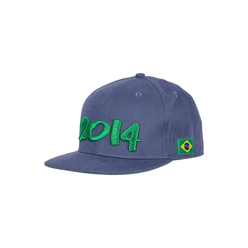 Denim flat brim hat with green elements and the Brazilian flag on the left side, representing the FIFA World Cup in 2024 in Brazil.