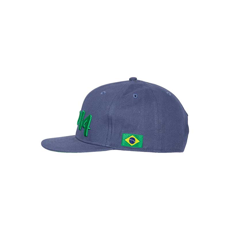 Lateral of a Denim flat brim hat with green elements and the Brazilian flag, representing the FIFA World Cup in 2014 in Brazil.