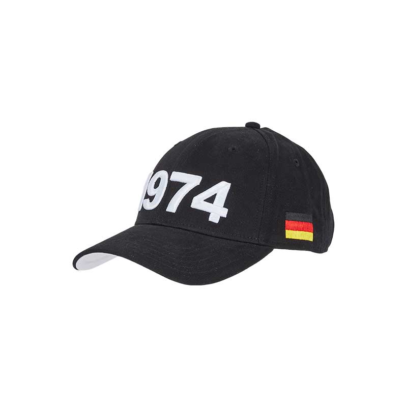 A black cap representing the iconic Germany FIFA World Cup tournament of 1974 that you can wear to show off your enthusiasm for the sport.