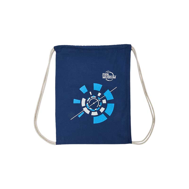 Comfortable Cotton Sports Gym Bag in dark blue with white and light blue elements featuring the original FIFA Museum Logo.