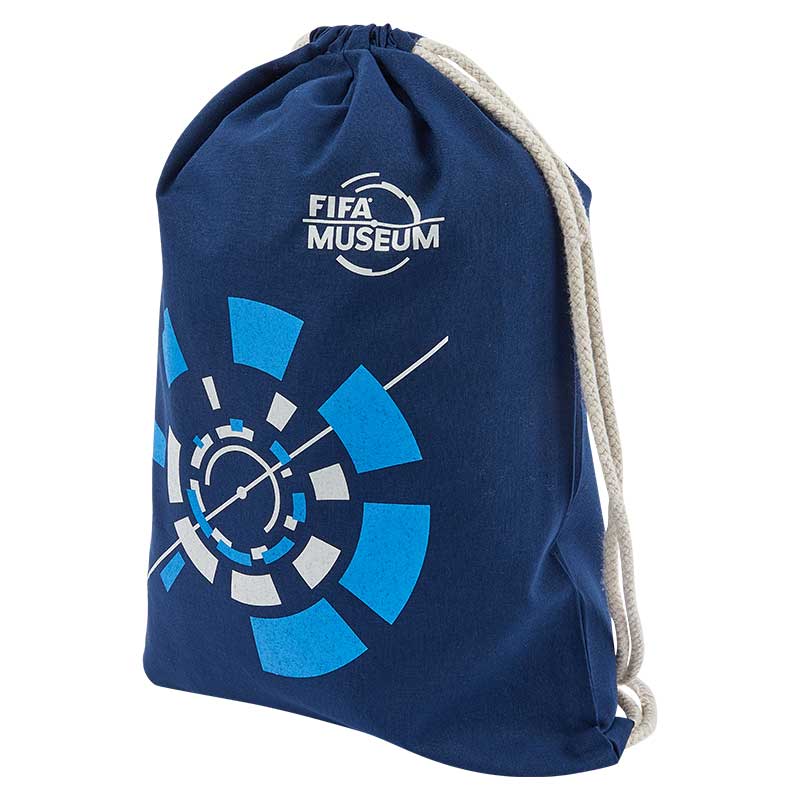 Comfortable Cotton Sports Gym Bag in dark blue with white and light blue elements featuring the original FIFA Museum Logo.