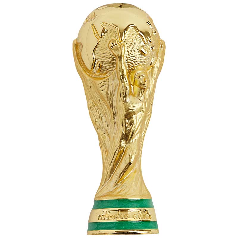 A meticulously crafted official replica of the FIFA World Cup Trophy, featuring a lustrous gold-plated finish, measuring 45 mm in height.