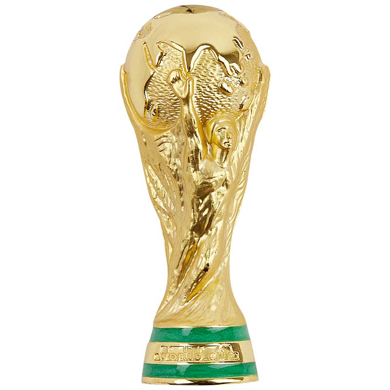 A meticulously crafted official replica of the FIFA World Cup Trophy, featuring a lustrous gold-plated finish, measuring 45 mm in height.