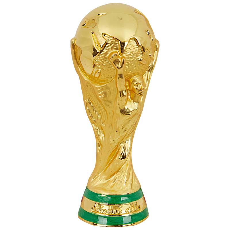A meticulously designed official replica of the FIFA World Cup Trophy, showcasing a gold-plated surface and standing at a height of 70 mm.