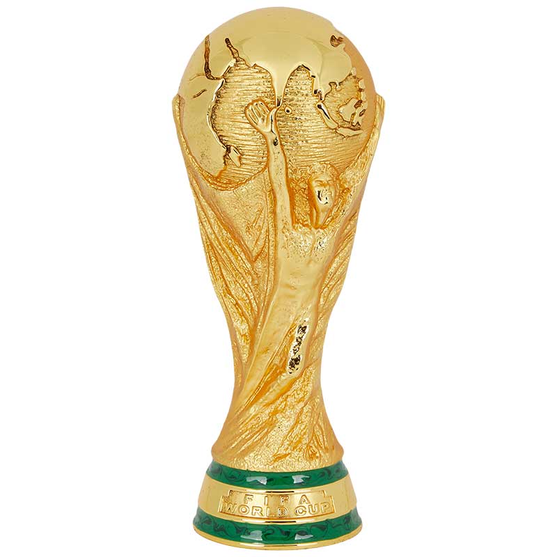 A meticulously crafted official replica of the FIFA World Cup Trophy, featuring a lustrous gold-plated finish, measuring 150 mm in height.