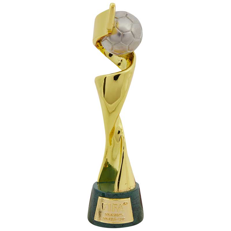 Official replica of the classic Women's World Cup Trophy, crafted from gold-colored metal, resting on a black plinth, with a height of 100 mm.