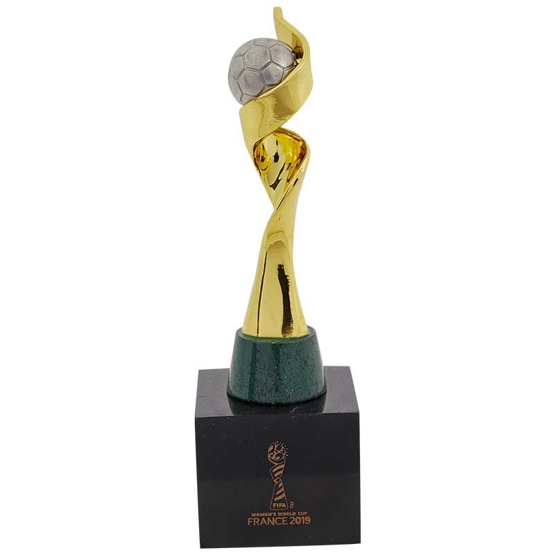 Official Replica of the Classic Women's World Cup Trophy on a black plinth commemorating the tournament celebrated in France in 2019.