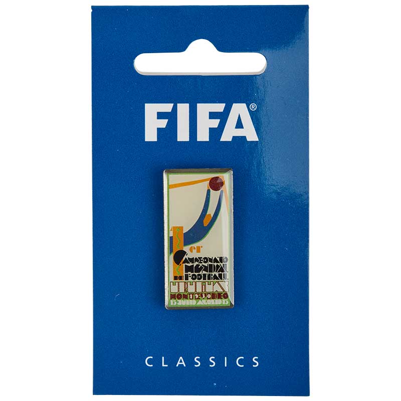 An eye-catching metal pin in vibrant colors, marking the inaugural 1930 FIFA World Cup and honoring Uruguay's monumental victory.