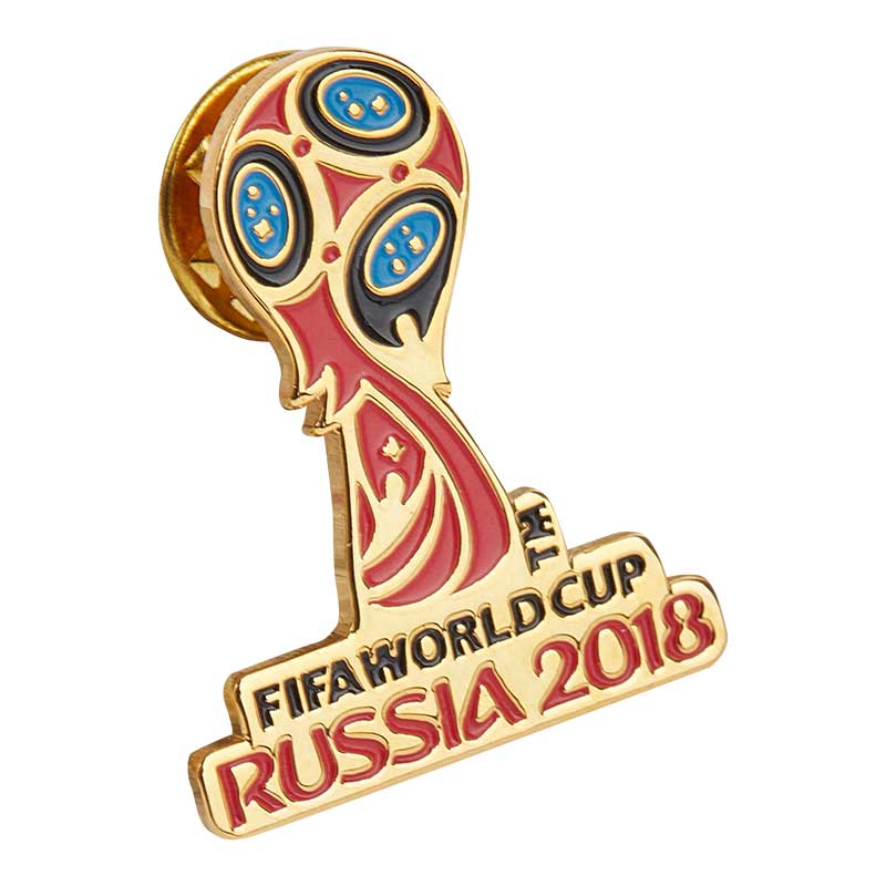 A metal vibrant pin in red, black, blue and gold, commemorating the celebration of the FIFA World Cup Tournament in Russia in 2018.
