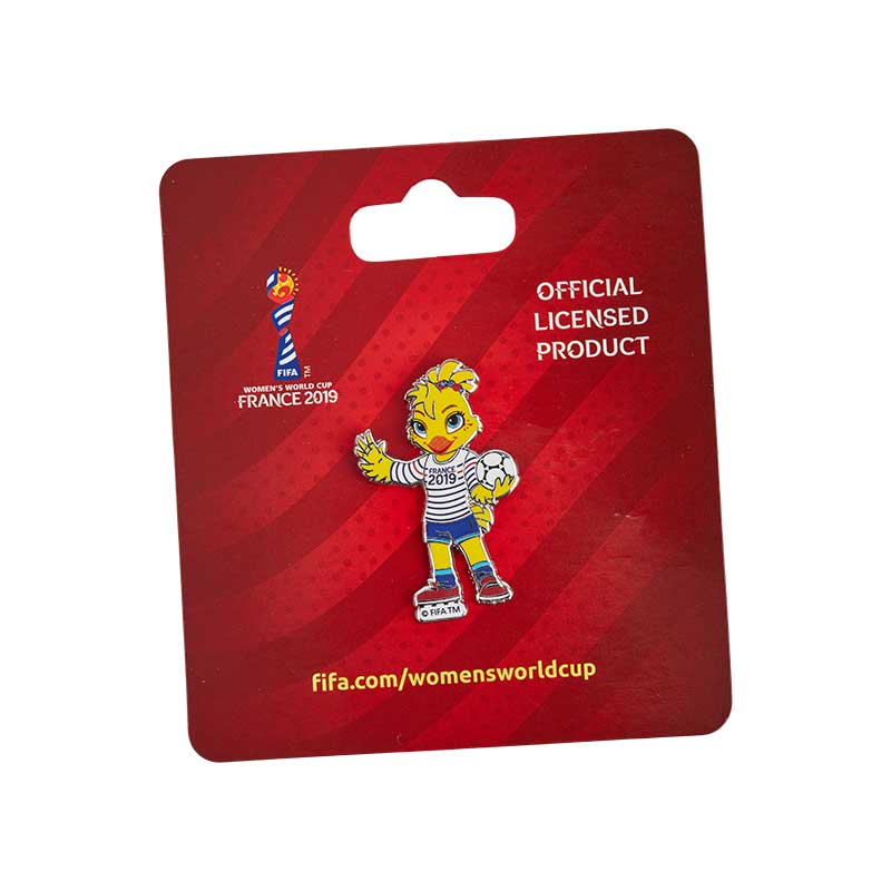 A pin featuring the iconic FIFA World Cup Mascot Ettie, dressed in a T-shirt from the 2019 France World Championship and holding a football.