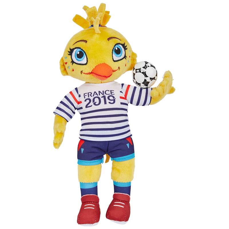 A plush version of the iconic mascot, Ettie, symbolizing the FIFA World Cup in France 2019, cradling a football in one of her arms.