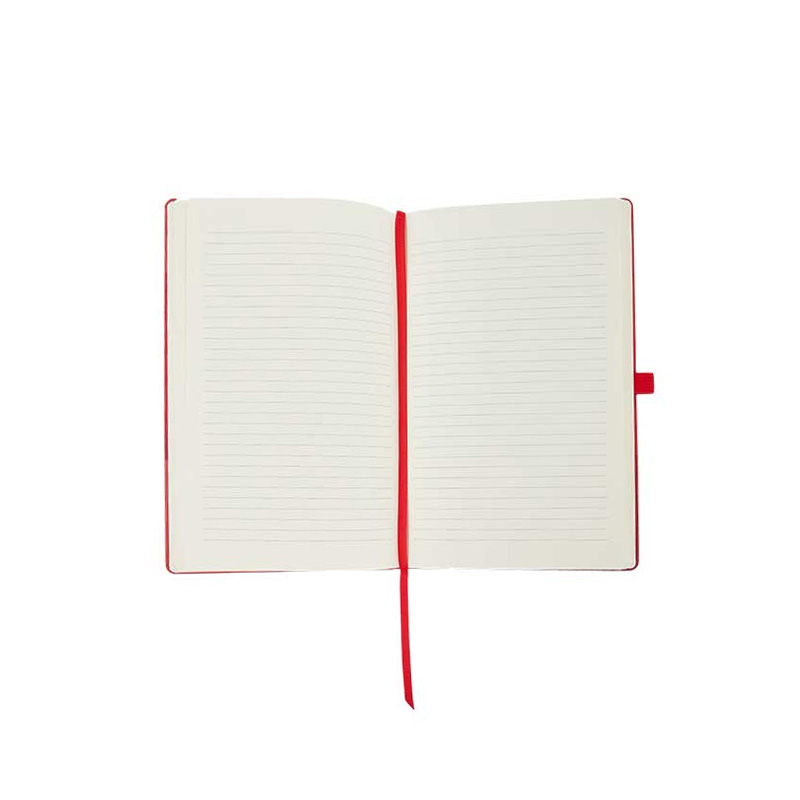 An Open A5 notebook in red with an elastic closure loop and 96 pages, with the logo Zürich FIFA Museum in the center.