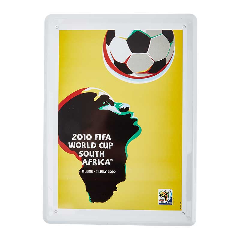 Poster with yellow background and an illustration of an Afro-American boy and a football, representing the FWC in South Africa in 2010.