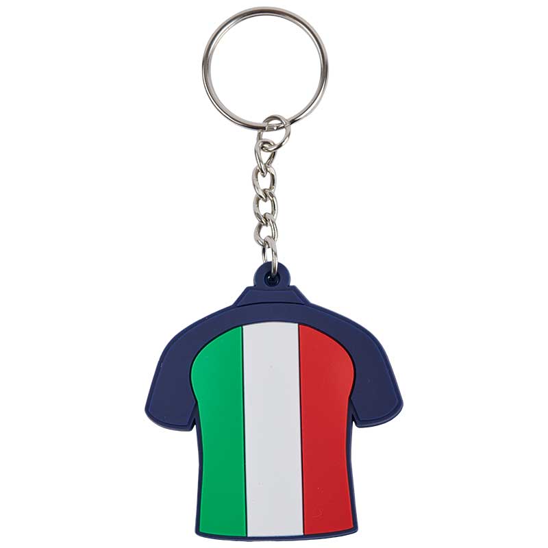 Keyring in the form of a football jersey in multiple colors with the Italian flag in the center and the FIFA Museum trademark at the back.