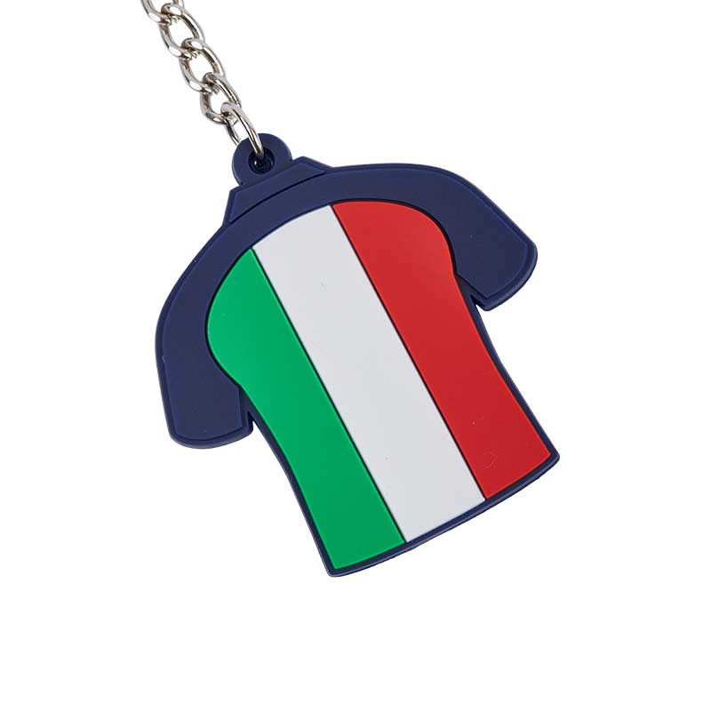 Keyring in the form of a football jersey in red, green, white & blue with the Italian flag in the center & the FIFA Museum logo at the back.