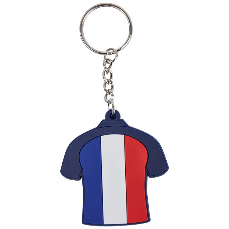 Keyring in the form of a football jersey in red, blue, and white with the French flag in the center & the FIFA Museum logo at the back.