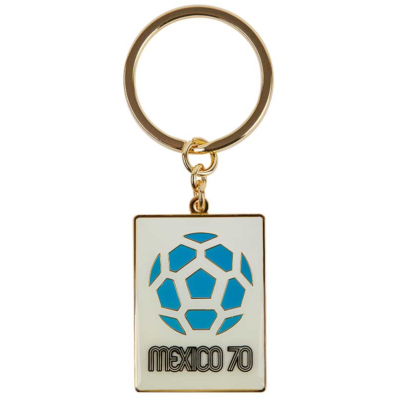 A white rectangular keyring showing the Mexico FIFA World Cup Championship Tournament of 1970 with a light blue football shown.