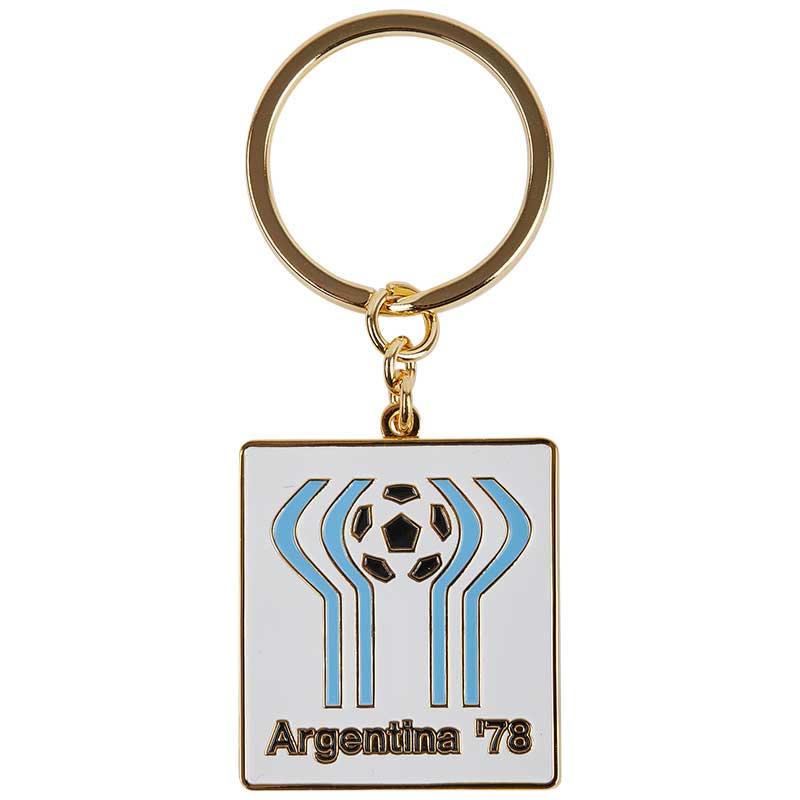 White Square keyring with black & blue elements and an illustration of a football, representing the World Cup in Argentina in 1978.