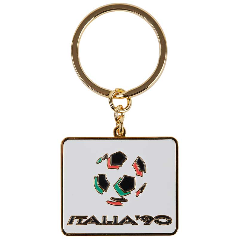 A keyring representing the iconic football tournament that took place in Italy in 1990 along with a green and orange football imprinted on.