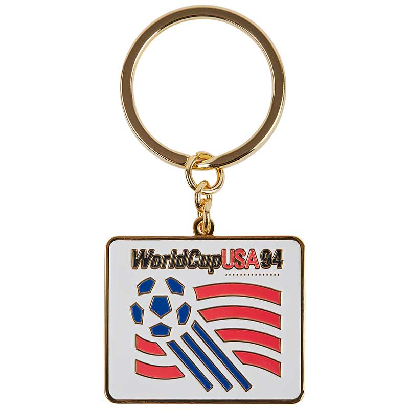White Square keyring with rounded borders with blue, red and black elements, representing the FIFA World Cup celebration in the USA in 1994.