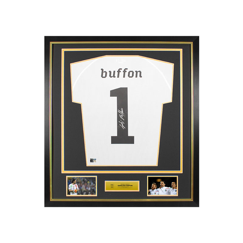 A framed collector's item with a specially signed t-shirt from Gianluigi Buffon and two iconic images of him during the FIFA tournaments.