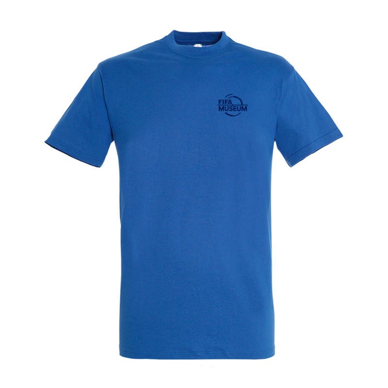 A blue Vitruvian cotton T-shirt with the FIFA Museum logo on the top right corner.