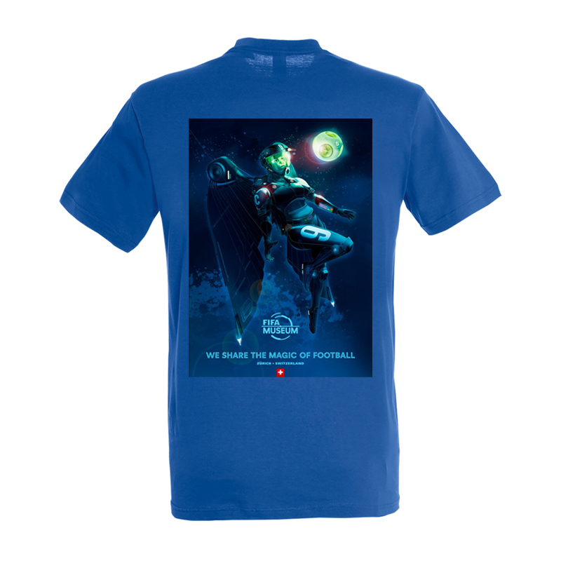 The rear side of a dark blue t-shirt displaying an image of a woman, the text 'We share the magic of football' and The FIFA Museum logo.