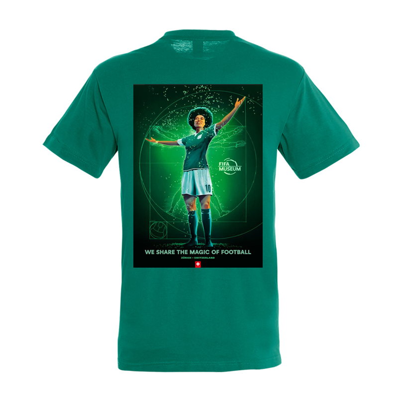 A rear side of a green t-shirt with an image of a woman football player, the text 'We share the magic of football' and The FIFA Museum logo.
