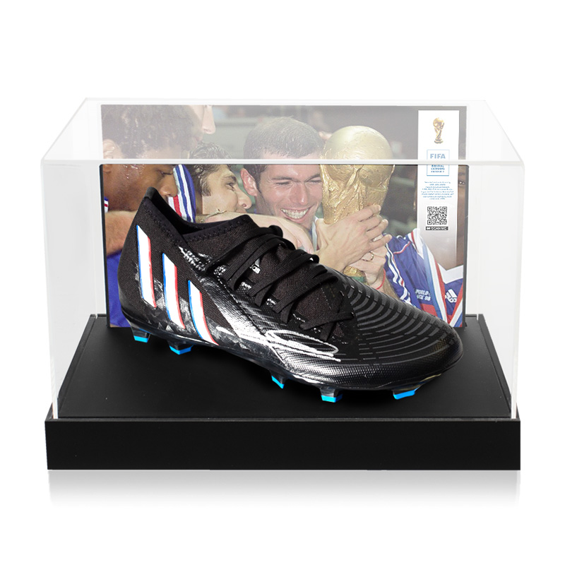 Official FIFA World Cup Adidas Boot, personally signed by Zinedine Zidane, displayed in our exclusive FWC Photo Acrylic Case.