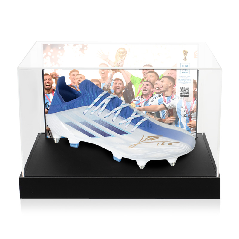 Blue and white Adidas men's X Speedflow.1 SG boot in an Acrylic case, personally signed by Lionel Messi. Get a Certificate of Authenticity.