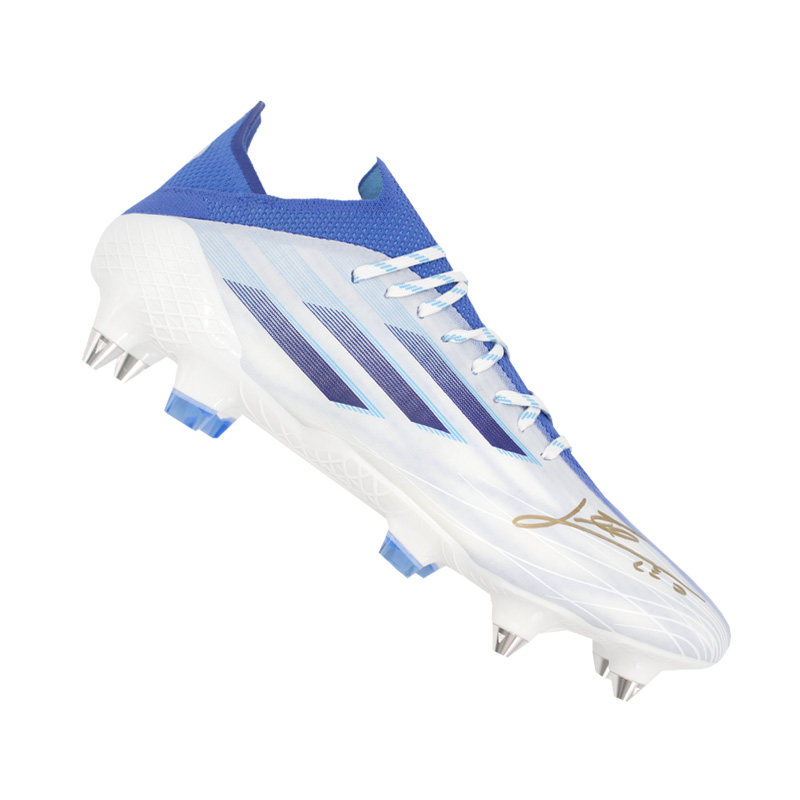A blue and white Adidas men's X Speedflow.1 SG boot, personally signed by Lionel Messi. Get an official FWC Certificate of Authenticity.