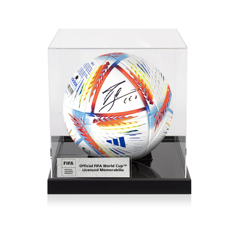 The FWC 2022 football in acrylic case, personally signed by Lionel Messi during a private session in Paris. Certificate of Authenticity.